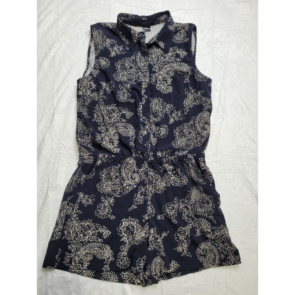 Ann Taylor Romper Women 8 Navy Paisley  Sleeveless Button Front Elastic
